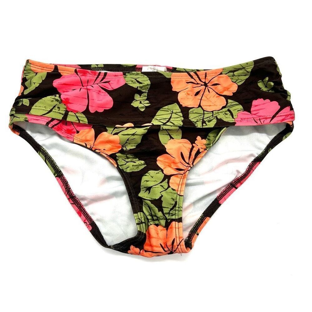 Catalina Tropical Floral Bikini Bottom size Medium in Brown Coral Orange and Gr